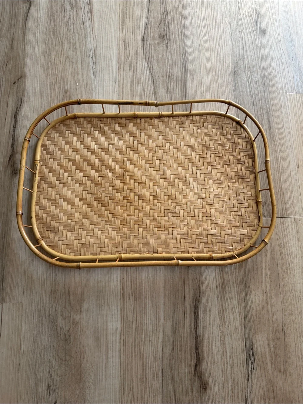 Vintage Woven Rattan Bamboo Serving Tray Rectangular Boho Coastal Farmhouse Deco
